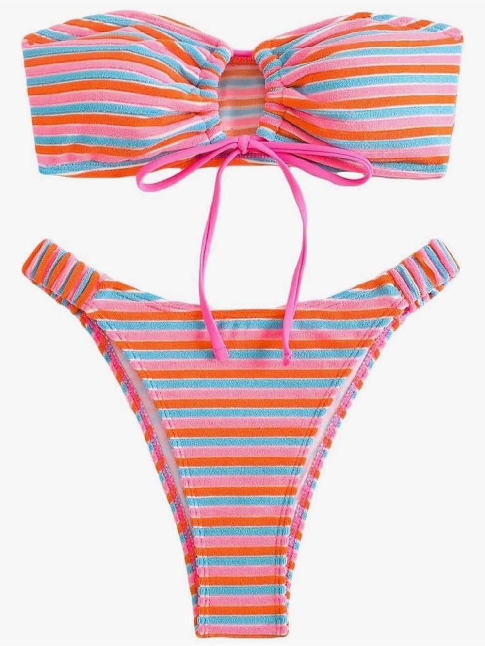 NWOT Falainetee Striped Ribbed Bandeau Bikini Set High Waist Pink Orange Blue M